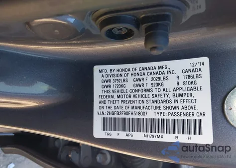 2015 Honda Civic Ex-L z USA, uszkodzony, nr VIN 2HGFB2F90FH518007